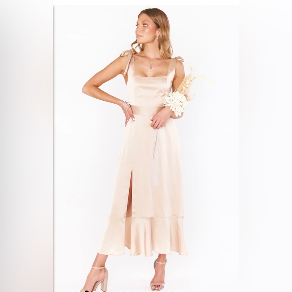 “Show Me Your Mumu Claire Midi Dress” in Champagne Luxe Satin